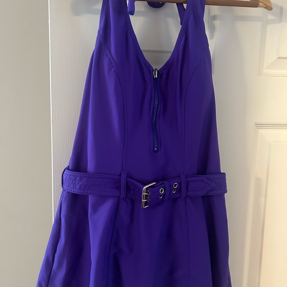 Bathing Suit: One piece Purple Halter Bathing Suit with Belt